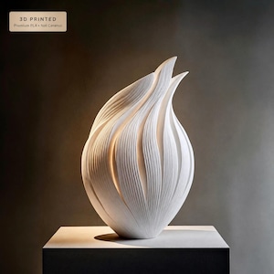 Puede incluir: Una escultura blanca impresa en 3D hecha de PLA premium, no de cerámica. El objeto presenta una forma orgánica similar a una llama con crestas verticales texturizadas que se curvan hacia arriba hasta una punta. Una etiqueta dice 3D PRINTED Premium PLA • Not Ceramic.