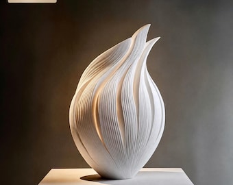 May include: A white 3D printed sculpture made of premium PLA, not ceramic. The object features a flame-like, organic shape with vertical, textured ridges that curve upward to a pointed top. A label in the corner reads 3D PRINTED Premium PLA • Not Ceramic.