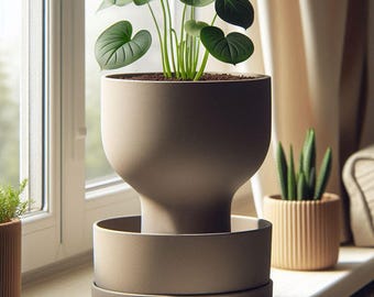Puede incluir: Una maceta grande de cerámica color topo, con una base ancha y un cuello más estrecho, que contiene una exuberante planta verde con hojas en forma de corazón. La maceta se encuentra sobre un platillo a juego. Otras plantas pequeñas son visibles en el fondo.