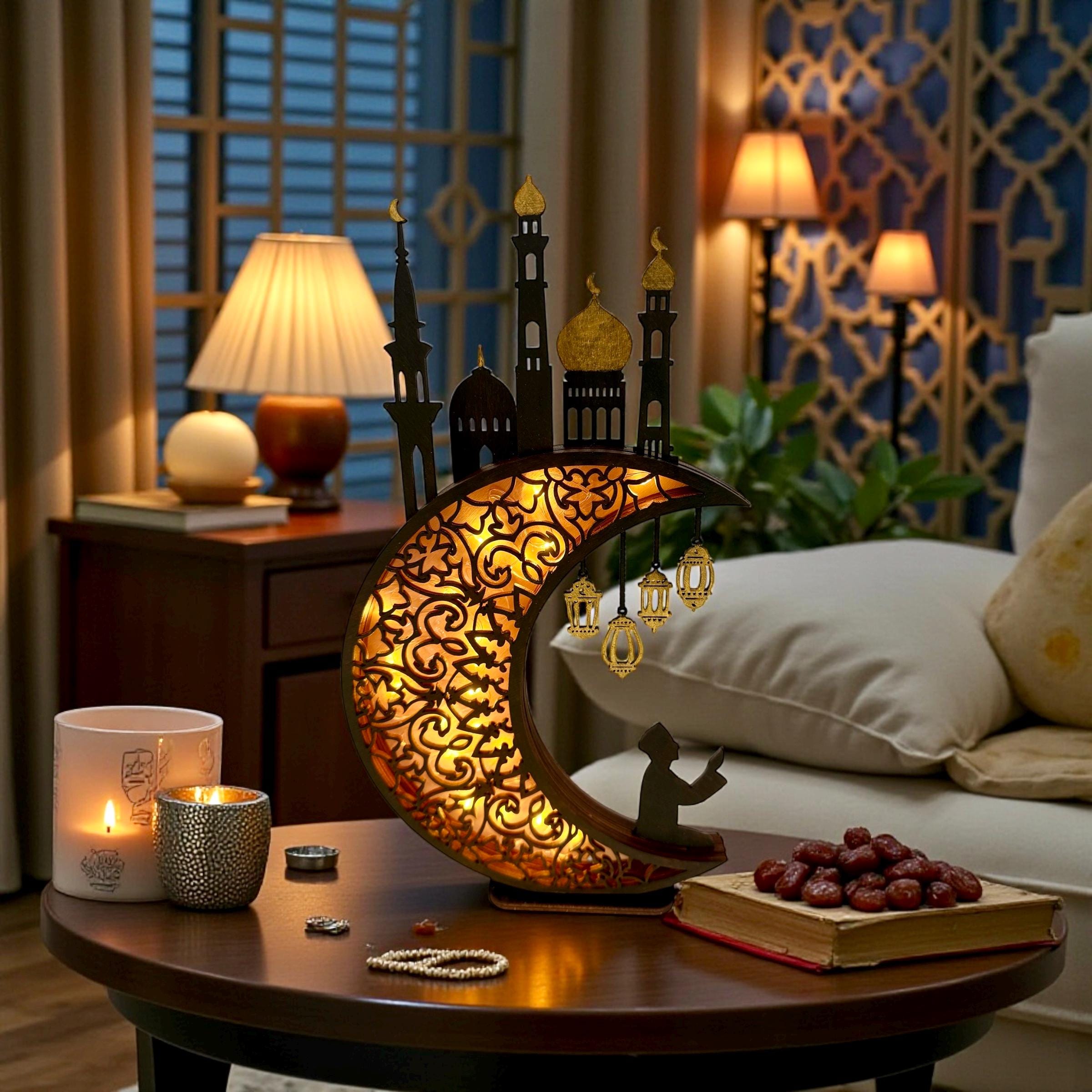 Handcrafted Wooden Islamic Moon LED Light 12 Inch Ramadan Eid Crescent ...