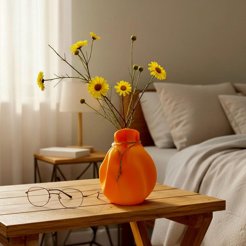 May include: A bright orange, rounded, soft-textured vase tied with a thin twine cord, containing several yellow daisy-like flowers with green stems. Beside the vase sits a pair of thin-rimmed, round metal spectacles on a wooden surface.