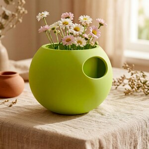 Puede incluir: Un jarr&oacute;n esf&eacute;rico verde lima con una abertura circular lateral. Contiene peque&ntilde;as flores blancas y rosas. El jarr&oacute;n est&aacute; sobre un mantel beige.