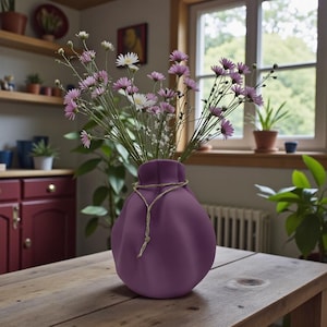 May include: A matte purple vase with a rounded, soft-edged shape and a gathered neck tied with a thin, light-coloured twine string. The vase holds a bouquet of delicate pink and white wildflowers with thin green stems and small, pointed petals.