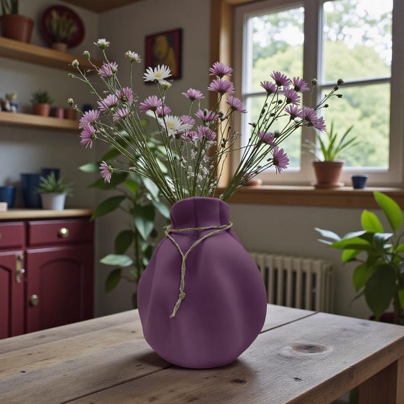 May include: A matte purple vase with a rounded, soft-edged shape and a gathered neck tied with a thin, light-coloured twine string. The vase holds a bouquet of delicate pink and white wildflowers with thin green stems and small, pointed petals.