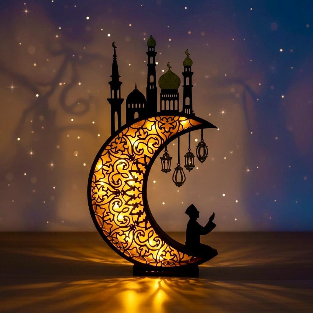 Handcrafted Wooden Islamic Moon LED Light 12 Inch Ramadan Eid Crescent ...