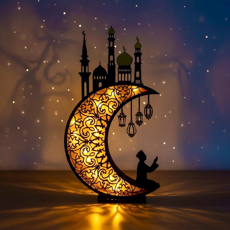 Handcrafted Wooden Islamic Moon LED Light 12 Inch Ramadan Eid Crescent ...