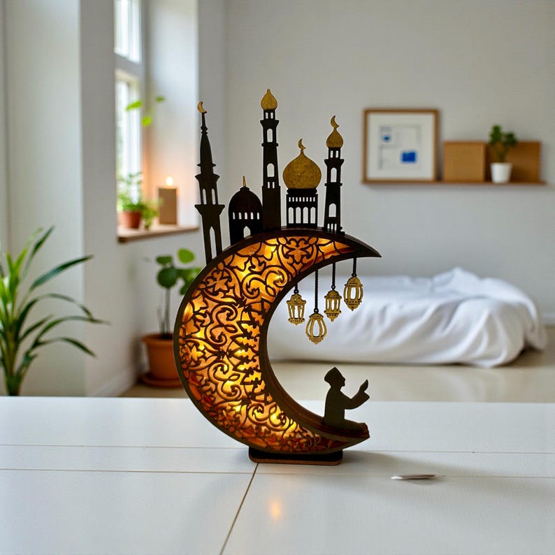 Handcrafted Wooden Islamic Moon LED Light 12 Inch Ramadan Eid Crescent ...