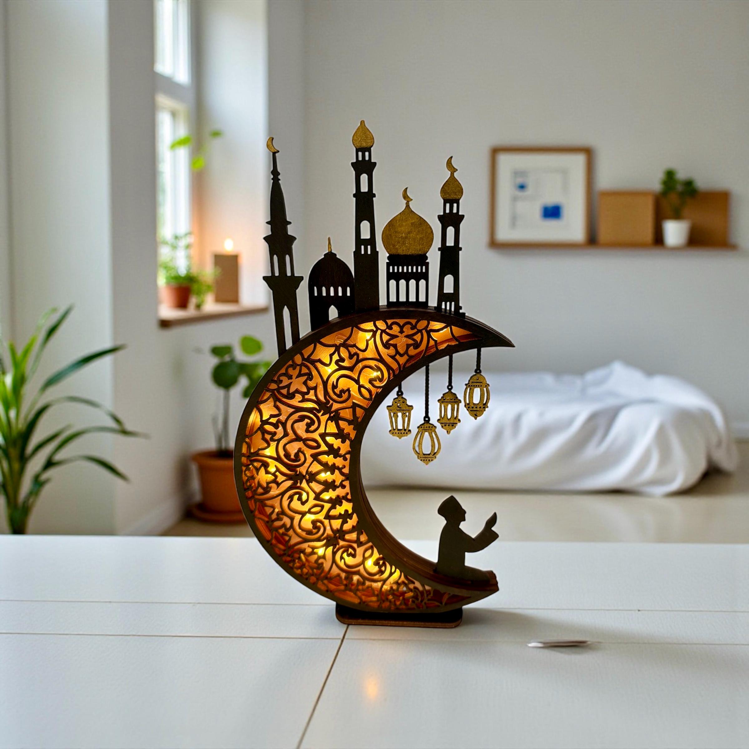 Handcrafted Wooden Islamic Moon LED Light 12 Inch Ramadan Eid Crescent ...