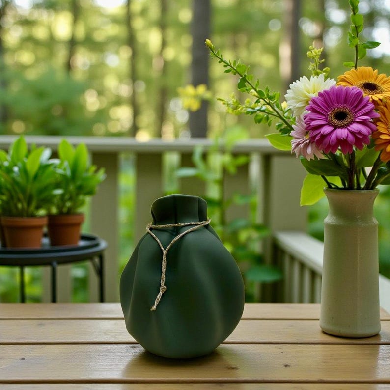 May include: A matte dark green ceramic vase with a rounded, pleated body and a narrow neck. A thin, light-coloured braided cord is tied around the neck of the vase, with the ends hanging down the front. The vase sits on a wooden surface.