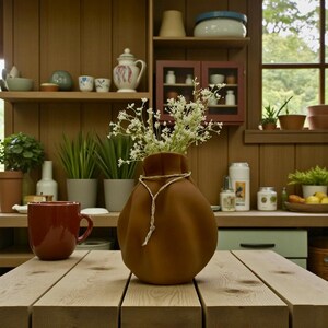 May include: A matte brown, rounded, pouch-shaped ceramic vase with a gathered top tied with a thin, light-coloured string. The vase holds a bouquet of small white flowers and sits on a light-coloured wooden table next to a dark red ceramic mug.