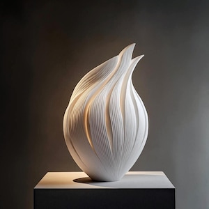 May include: A white, abstract sculpture, possibly a stylized flower or flame, with a textured surface and vertical lines. It sits on a white pedestal against a dark backdrop. The sculpture's form is organic and flowing, with a height of approximately 30 cm.