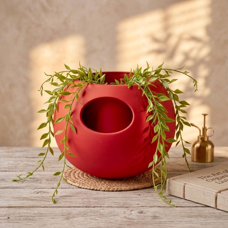 Maceta esférica moderna con autorriego - Polímero biodegradable para plantas de interior en casa y oficina Red