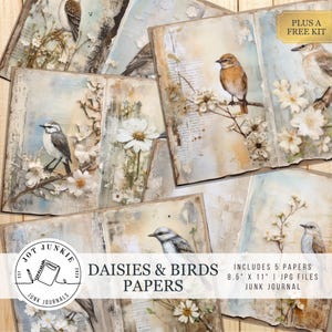 Kit di diario vintage con uccelli e acquerello, collage digitale, pagine di diario stampabili, effimeri di uccelli botanici, album di ritagli stampabili