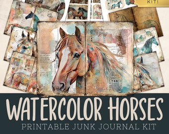 Watercolor Horse Junk Journal Kit, Horses Printable Pages, Paper Kit, Backing Papers, Animal Journal, Digital Download