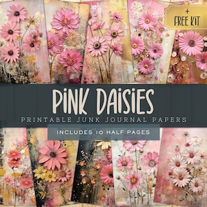 Wildflower Junk Journal Kit Pages Pink Daisies, Colorful Whimsy Digital Art, Commercial Use, Printable Floral Pages for Scrapbooking