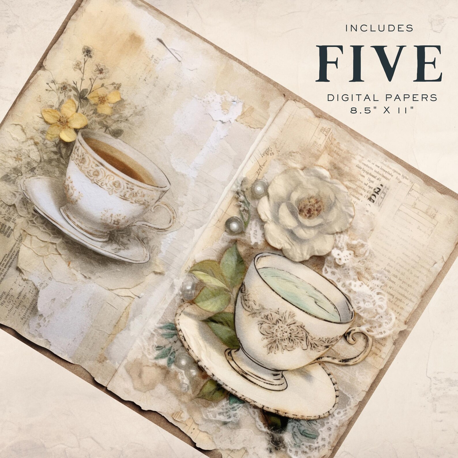 Tea Cups Junk Journal Papers Kit, Printable Digital English Tea Party ...