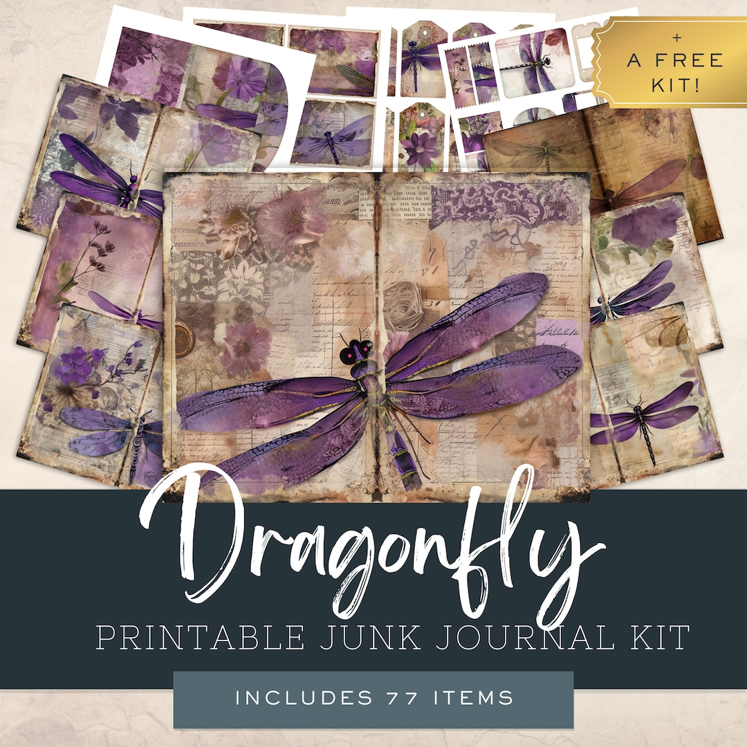 Dragonfly Junk Journal Kit, Purple, Ephemera Folio Template, Shabby ...