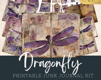 Dragonfly Junk Journal Kit, Purple, Ephemera Folio Template, Shabby Chic Digi Kit, Vintage Digital Pages Scrapbooking Printable Collage