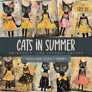 Cats In Clothes Junk Journal Kit Papers, grillige afdrukbare zomerkat Papers voor scrapbooking, grappige Journal Kit, commercieel gebruik