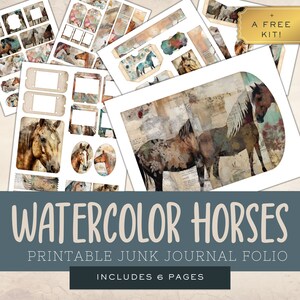 Acuarela Caballo Junk Journal Folio y Ephemera, Páginas imprimibles de caballos, Kit de papel, Papeles de respaldo, Diario de animales, Descarga digital