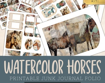 May include: Printable junk journal folio with watercolor horse illustrations. The folio includes six pages with various designs, including a full-page illustration of two horses, a horse head, and smaller horse illustrations.