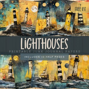 Beach Lighthouse Junk Journal Kit Digital Pages, Printable Nautical Ocean Sea Scrapbooking Papers, Instant Download, Commercial Use