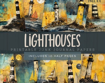 Beach Lighthouse Junk Journal Kit Digital Pages, Printable Nautical Ocean Sea Scrapbooking Papers, Instant Download, Commercial Use