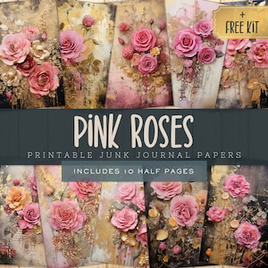 Zestaw do dziennika Wildflower Junk Journal Pages Pink Roses, kolorowa fantazyjna sztuka cyfrowa, zastosowanie komercyjne, strony z kwiatami do druku do scrapbookingu