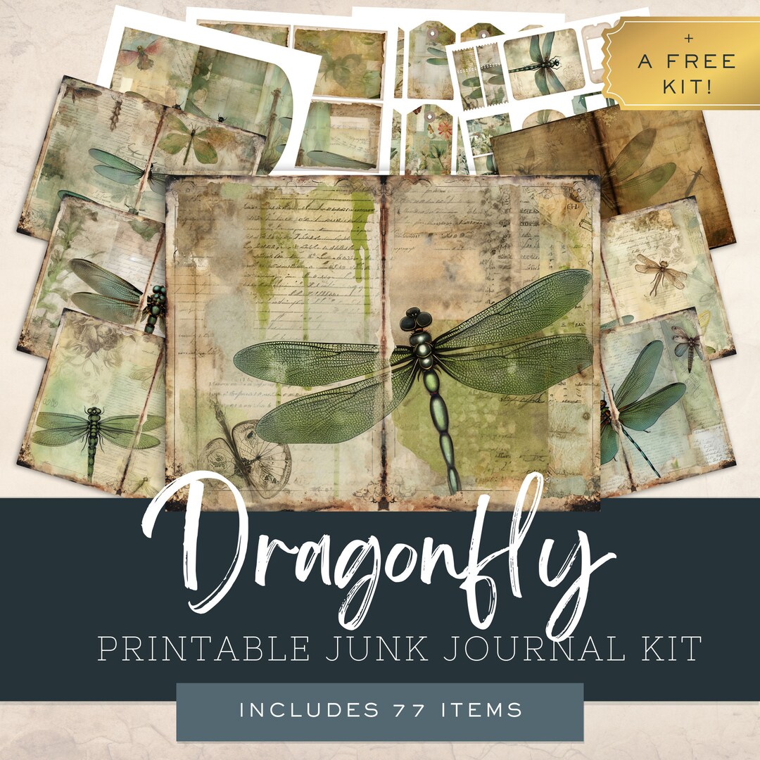 Dragonfly Junk Journal Kit, Sage Green, Ephemera Folio Template, Shabby ...