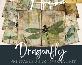 Dragonfly Junk Journal Kit, Sage Green, Ephemera Folio Template, Shabby Chic Digi Kit, Vintage Digital Pages Scrapbooking Printable Collage