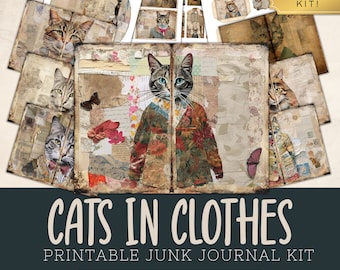 Cats In Clothes Junk Journal Kit, Cat Ephemera, Printable Papers for Scrapbooking, Funny Journal Kit, Commercial Use
