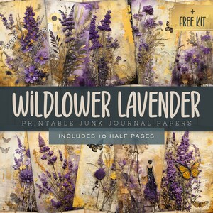 Wildflower Junk Journal Kit Pages Lavender, Colorful Whimsy Digital Art, Commercial Use, Printable Floral Pages for Scrapbooking