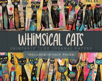 Whimsical Cats Junk Journal Kit Papers, Cat Pages, Printable Instant Download Scrapbooking Pages, Copmmercial Use