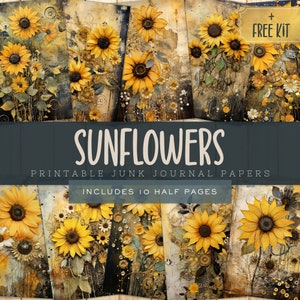 Wildflower Junk Journal Kit Pages Sunflowers, Colorful Whimsy Digital Art, Commercial Use, Printable Floral Pages for Scrapbooking