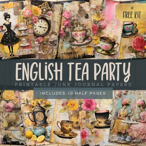 English Tea Party Junk Journal Digital Papers, Printable Shabby Chic Scrapbooking Pages Supplies, Instant Download, Commercial Use