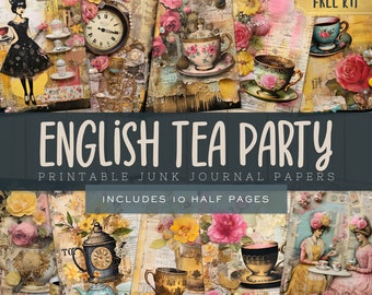 English Tea Party Junk Journal Digital Papers, Printable Shabby Chic Scrapbooking Pages Supplies, Instant Download, Commercial Use