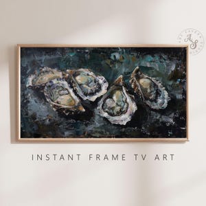 May include: A painting of five oysters on a dark background. The oysters are arranged in a semi-circle, with their shells open and revealing their pearly interiors. The painting is done in a realistic style, with a focus on the texture and detail of the oysters.