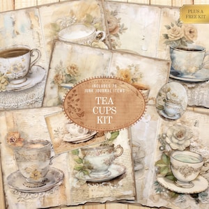 Tea Cups Junk Journal Kit, Printable Digital English Tea Party Ephemera Folio Pages