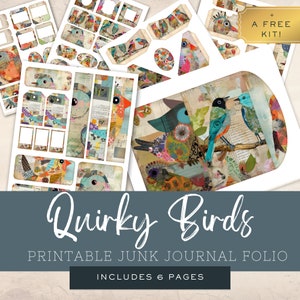 Quirky Birds Junk Journal Folio, Colorful Funny Digital Printable Set, Vintage Folio Scrapbooking, Shabby Chic Papers, Instant Download