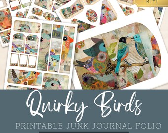 Quirky Birds Junk Journal Folio, Colorful Funny Digital Printable Set, Vintage Folio Scrapbooking, Shabby Chic Papers, Instant Download