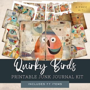 Quirky Birds Junk Journal Kit, Colorful Funny Digital Printable Set, Vintage Ephemera Scrapbooking, Shabby Chic Papers, Instant Download