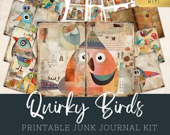 Quirky Birds Junk Journal Kit, Colorful Funny Digital Printable Set, Vintage Ephemera Scrapbooking, Shabby Chic Papers, Instant Download