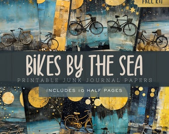 Papeles del kit de diario basura de Seaside Bikes, caprichosas páginas de bicicletas vintage, suministros imprimibles de Scrapbooking, descarga digital