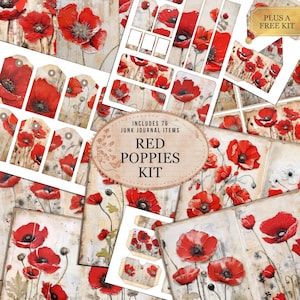 Poppies Junk Journal Kit, páginas de fólio florais vermelhas digitais para impressão