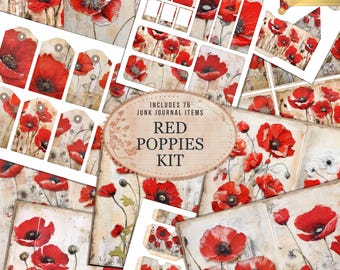 Poppies Junk Journal Kit, Printable Digital Red Floral Ephemera Folio Pages