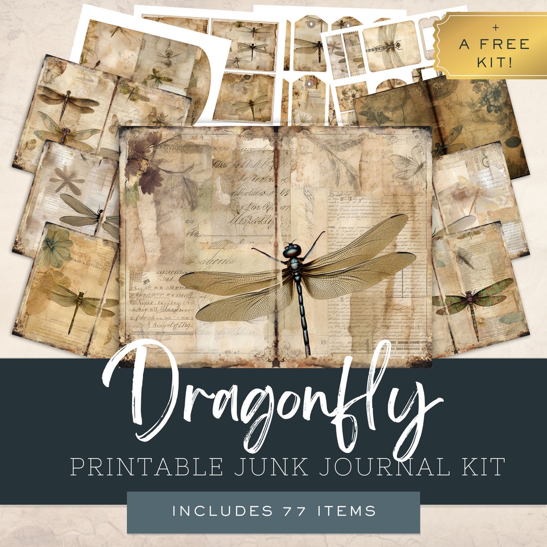 Dragonfly Junk Journal Kit, Beige, Ephemera Folio Template, Shabby Chic ...
