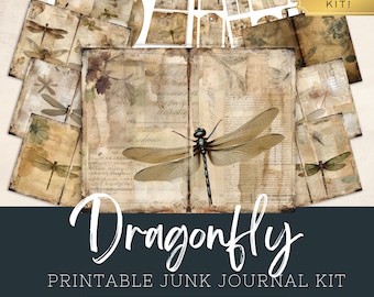 Dragonfly Junk Journal Kit, Beige, Ephemera Folio Template, Shabby Chic Digi Kit, Vintage Digital Pages, Scrapbooking Printable Collage