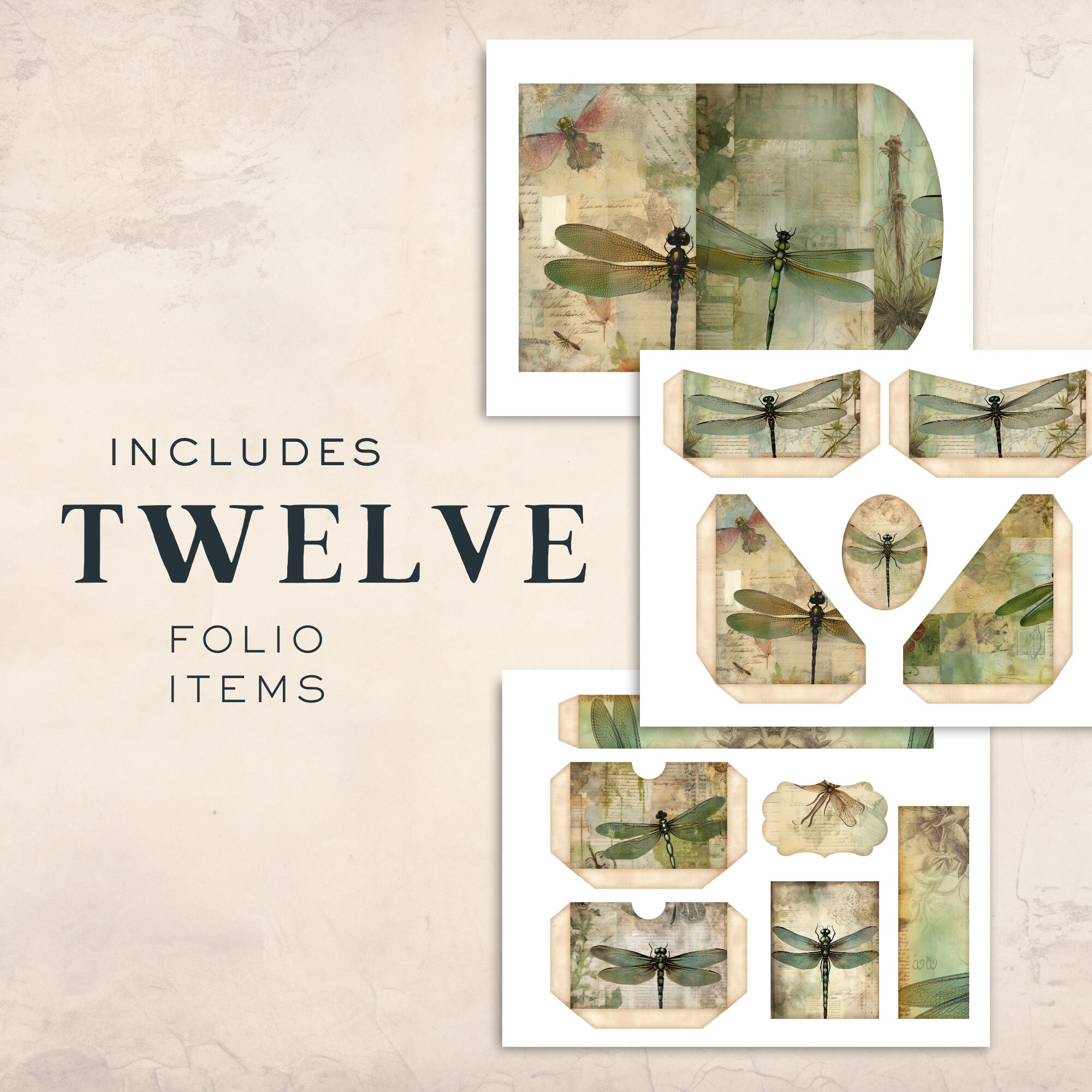 Dragonfly Junk Journal Kit, Sage Green, Ephemera Folio Template, Shabby ...