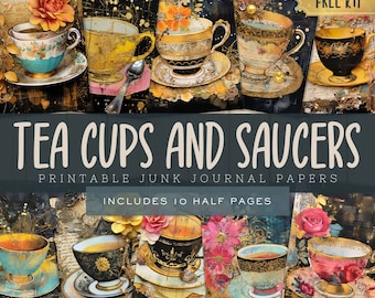 English Tea Party Junk Journal Digital Papers, Printable Shabby Chic Scrapbooking Pages Supplies, Instant Download, Commercial Use, Tea Cups
