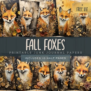 Kit de journal indésirable d'automne, pages renard, papiers numériques botaniques d'automne, fournitures de scrapbooking imprimables, pages d'automne pour Thanksgiving